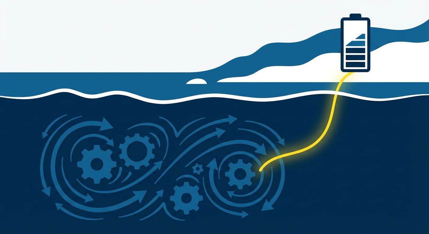Representative image for question: Which renewable technology generates electricity by placing submerged turbines in strong tidal currents to capture ki...