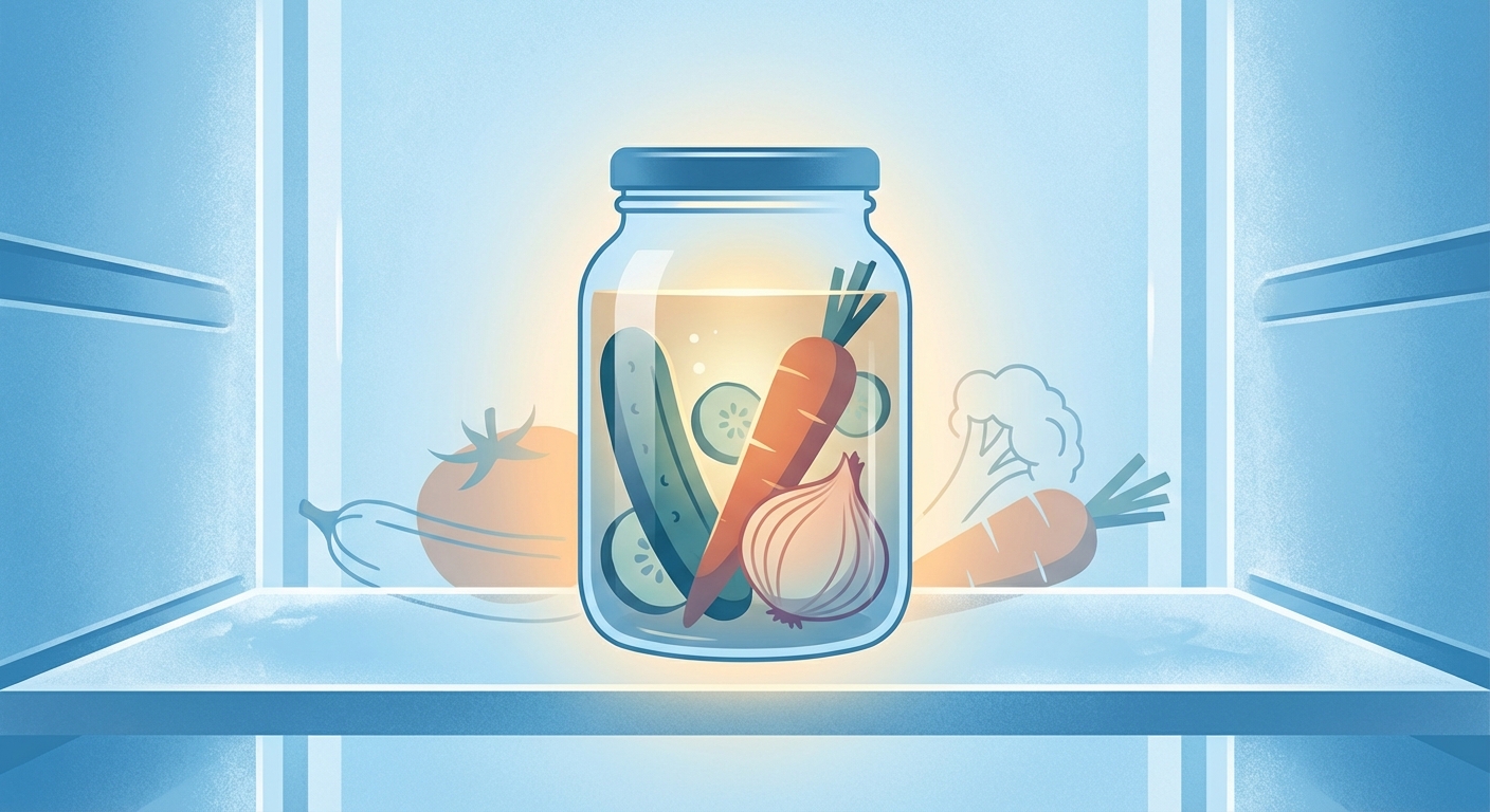 Representative image for question: Quick (refrigerator) pickling primarily preserves vegetables by immersing them in a solution where the preservative i...