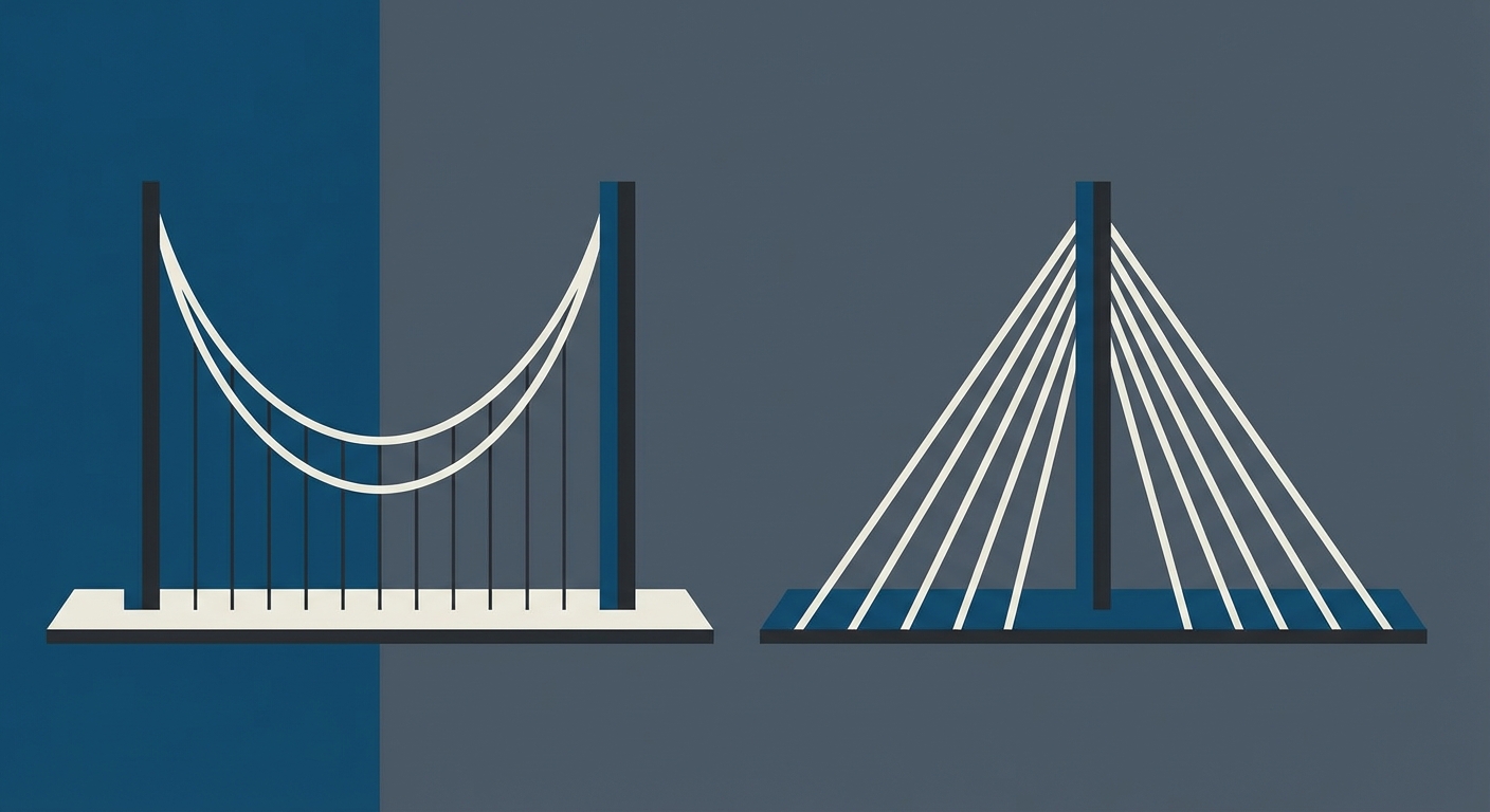 Representative image for question: Which feature distinguishes a suspension bridge from a cable‑stayed bridge?